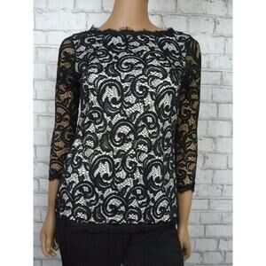 $89 Charter Club Petites Black Ivory Lace Dress Blouse Missing Belt PP NEW